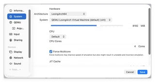 UTM system settings for a LoongArch64 QEMU virt machine.