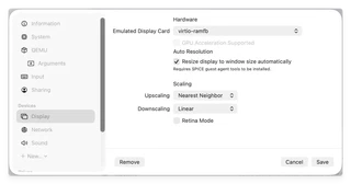 UTM display settings using virtio-ramfb.
