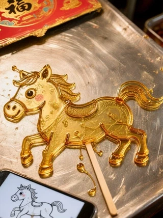 A close-up, vertical shot of a glossy amber-gold sugar painting of a playful horse on a reflective metal surface, with a smartphone displaying its line-art reference nearby, captured under warm indoor lighting.